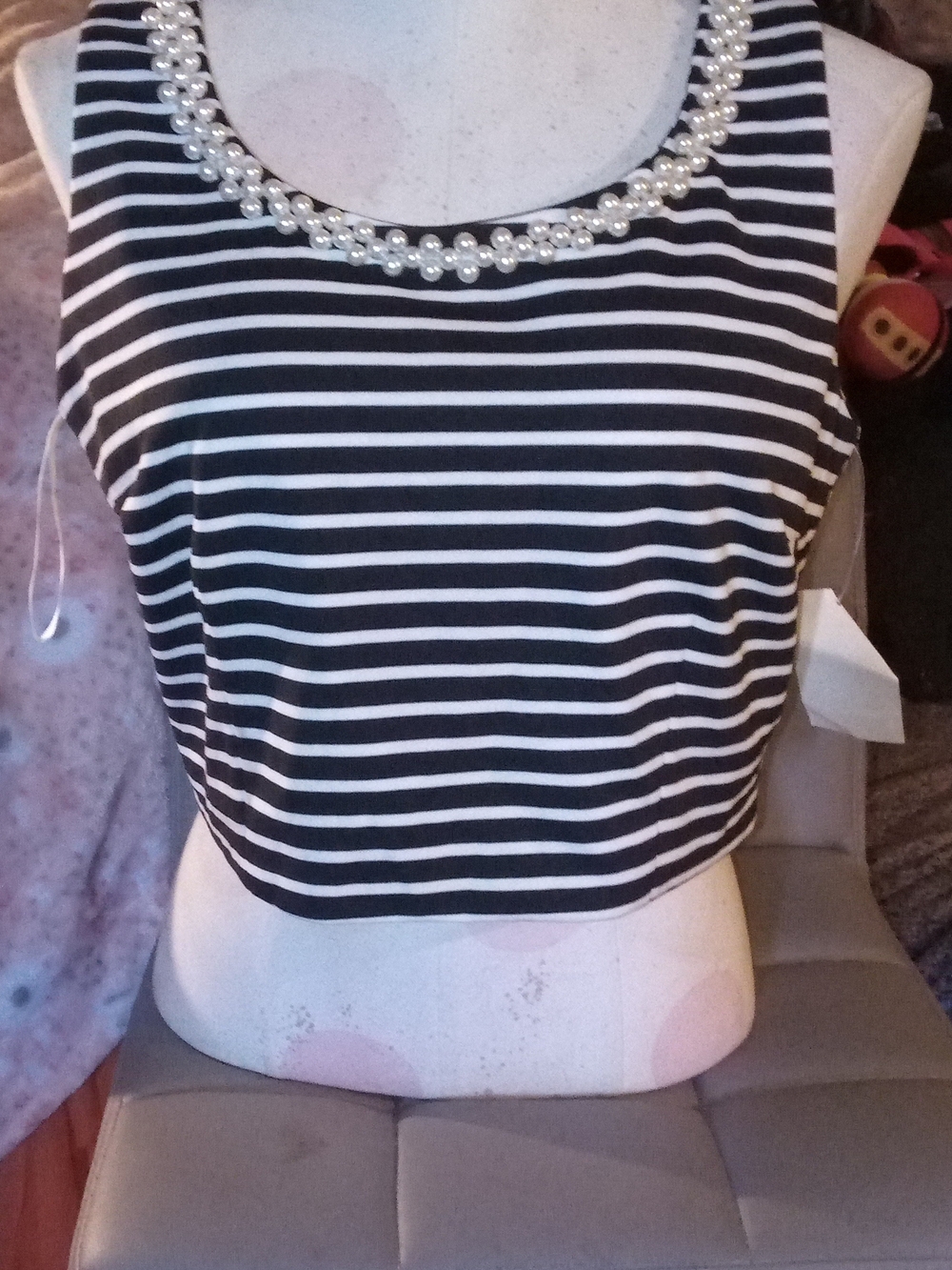 Nordstrom Black & White Striped Pearl-Trim Crop Top